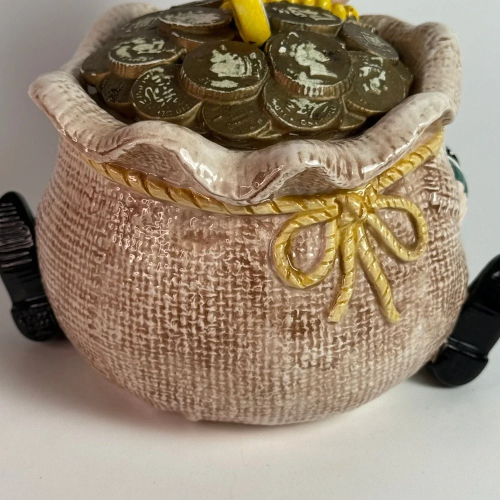 Fitz and Floyd Scrooge Holding Money Bag Candy Jar Lid 1993 Vintage Rare Holiday